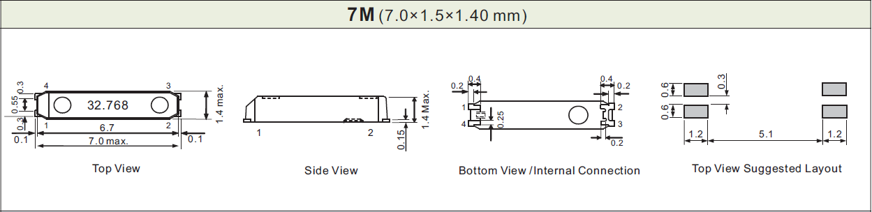 SMD 7015贴片32.768kHz晶振尺寸图